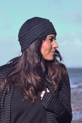 100% MERINO BEANIE UNISEX CUFFED/SLOUCH STRIPE BLACK/GREY