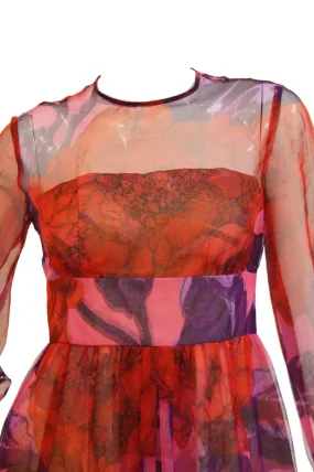 1960s Dynasty Sheer Raspberry Silk Floral Evening Dress