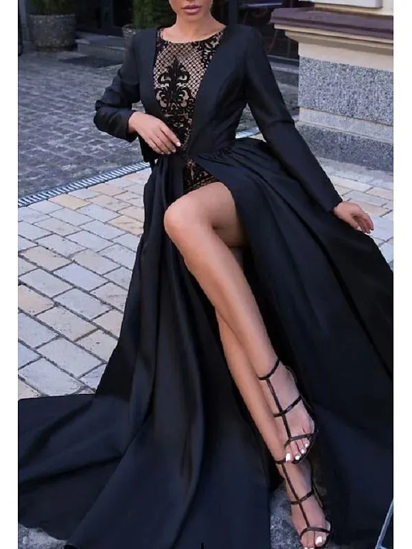 A-Line Ball Gown Sweep/Brush Train Dress Long Sleeve Evening Dresses with Slit Elegant