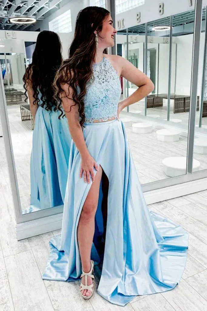 A Line Prom Dresses Elegant Two Piece Sweep Train With Slit
