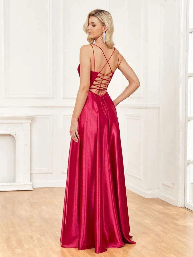 A line Prom Dresses Ruffles V Neck Satin with High Slit