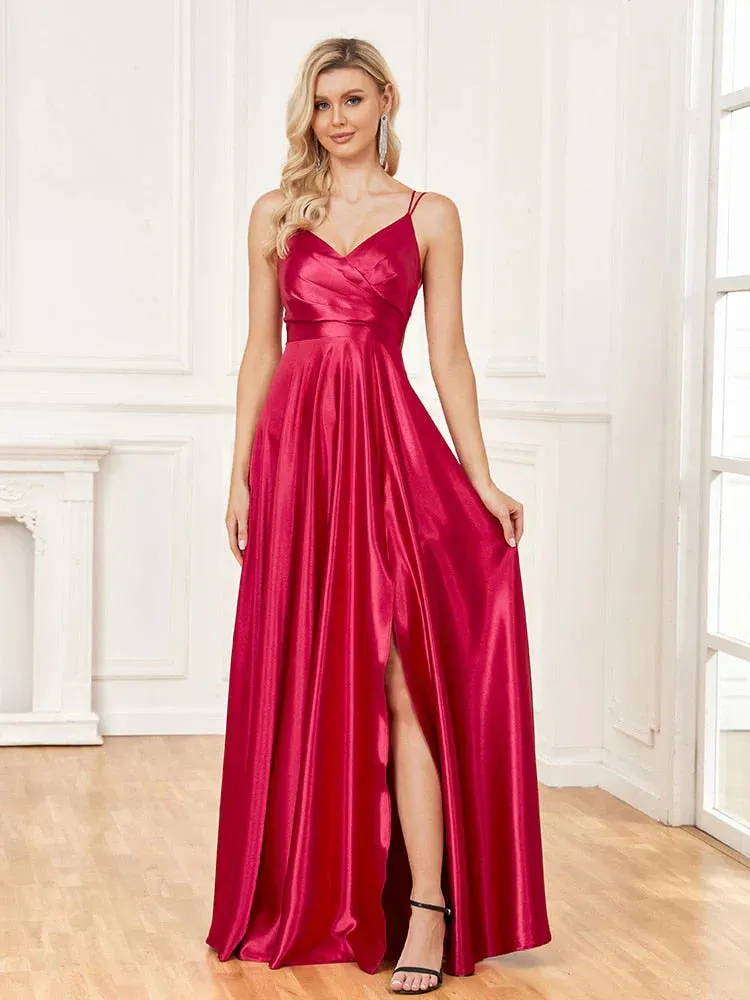 A line Prom Dresses Ruffles V Neck Satin with High Slit
