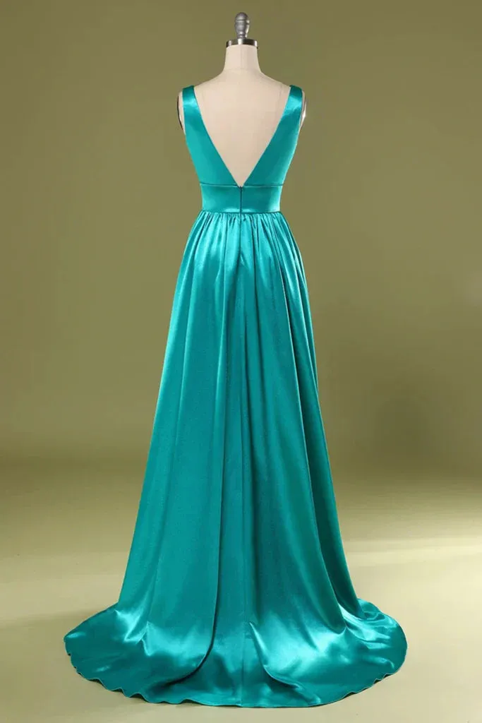 A Line Prom Dresses Split Turquoise V-Neck Satin with High Slit