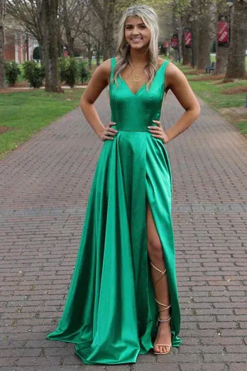 A Line Prom Dresses V Neck Satin Train Slit Straps Sweep