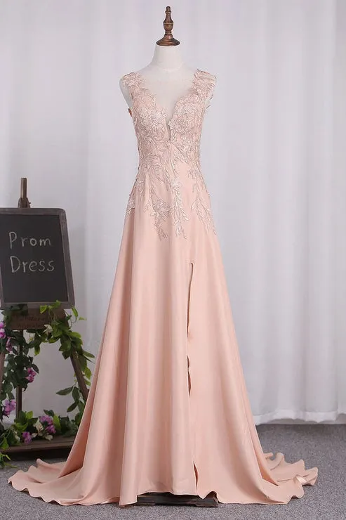 A Line Satin Straps Party Dresses With Slit Sweep Train Evening Dress