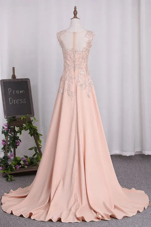 A Line Satin Straps Party Dresses With Slit Sweep Train Evening Dress