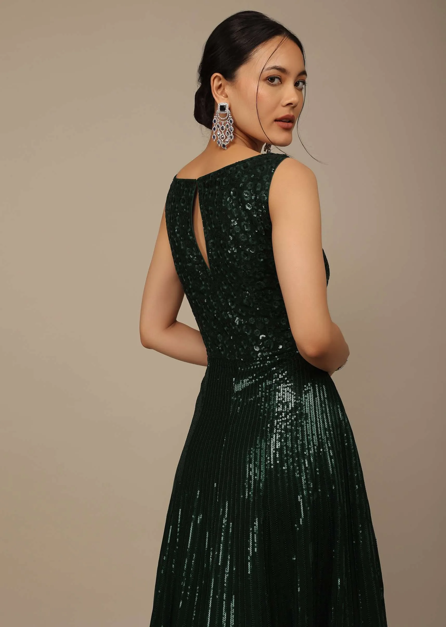 Bottle Green Sequins Embroidered Evening Gown In Georgette With Resham Work