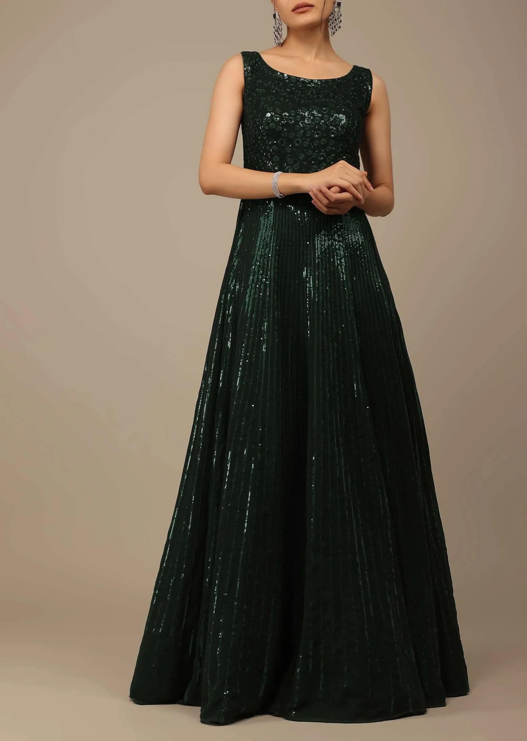 Bottle Green Sequins Embroidered Evening Gown In Georgette With Resham Work