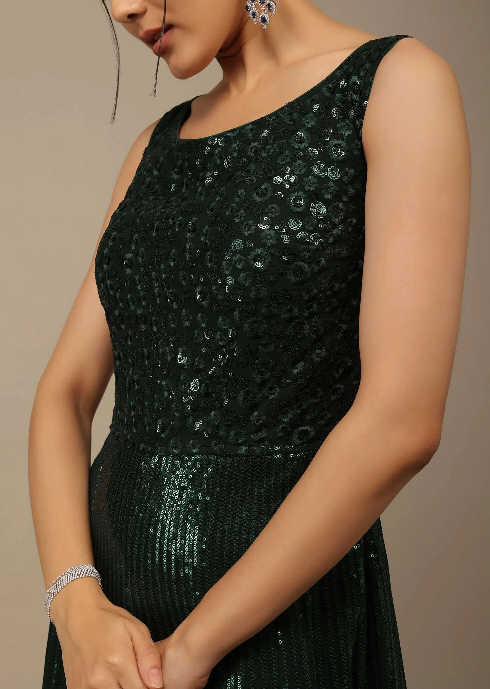 Bottle Green Sequins Embroidered Evening Gown In Georgette With Resham Work