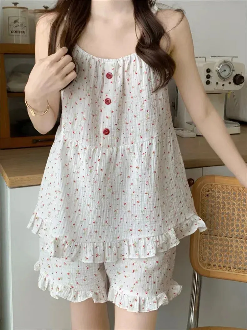 Cotton Nightwear Breathable Pajama Set with Ruffle Detail