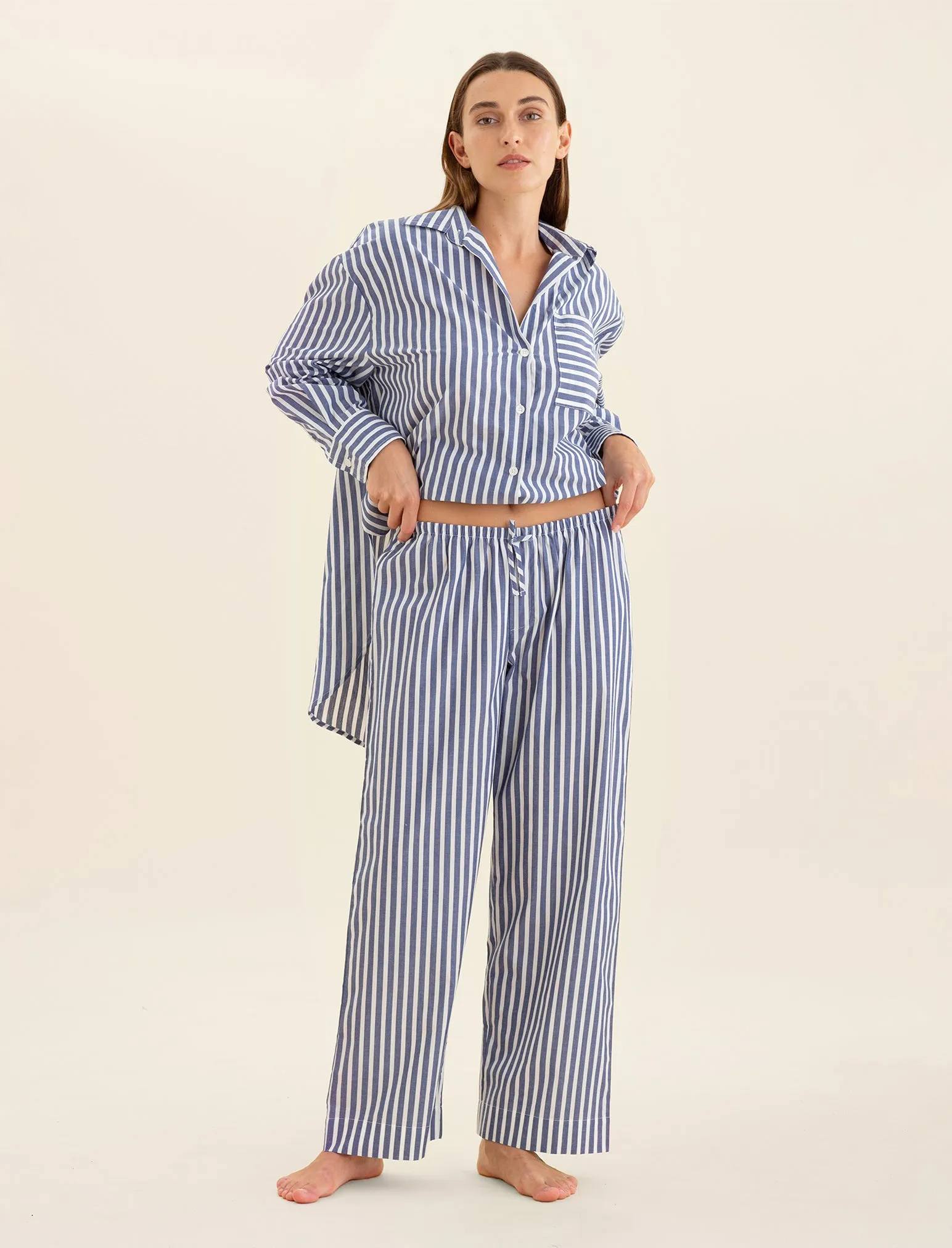 Cotton Stripe Shirting Full Length PJ Set
