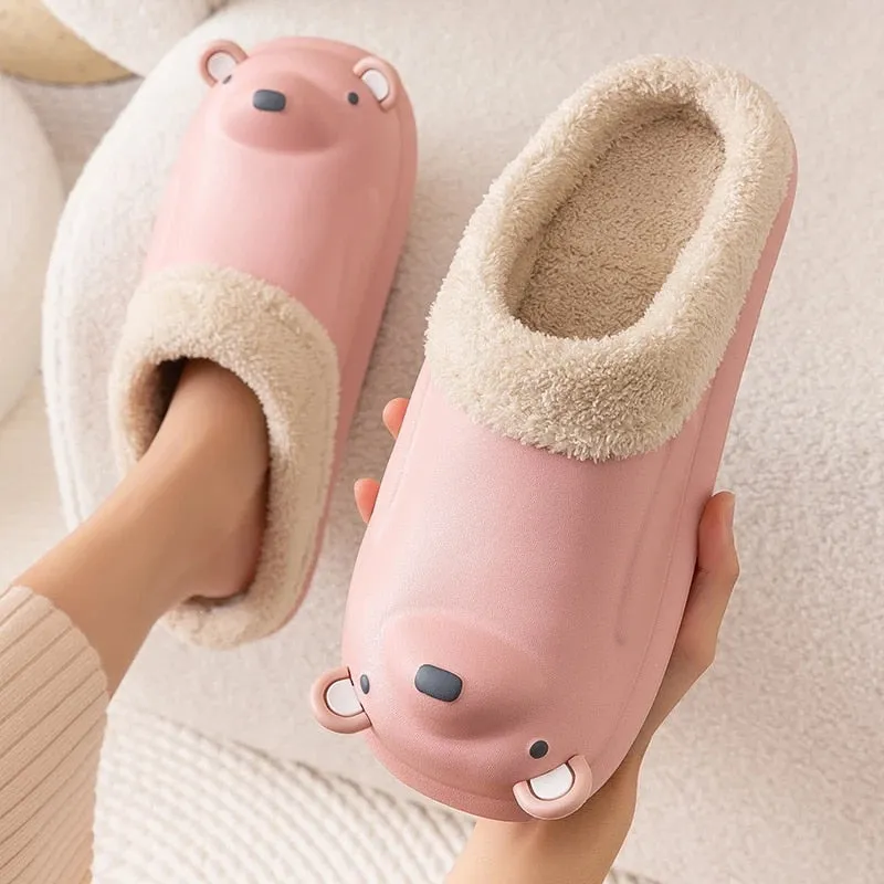 Cuzcare Women Cute Bear Winter Fur Slippers Family Home Slides