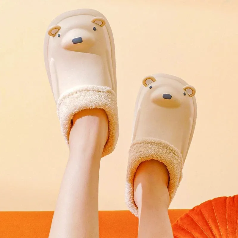 Cuzcare Women Cute Bear Winter Fur Slippers Family Home Slides