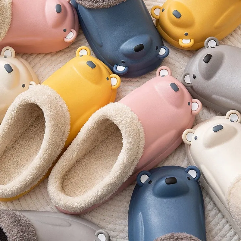 Cuzcare Women Cute Bear Winter Fur Slippers Family Home Slides