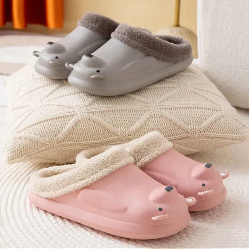 Cuzcare Women Cute Bear Winter Fur Slippers Family Home Slides