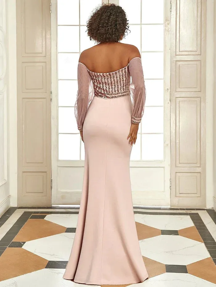 Fashion Off the Shoulder Sequin Evening Gowns With Tulle Sleeve