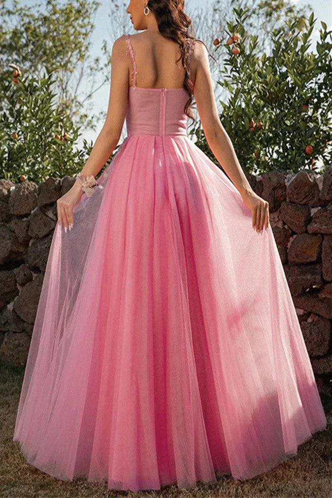 Formal Women Gown Straps Tulle Applique Prom Dresses Long Evening Gowns