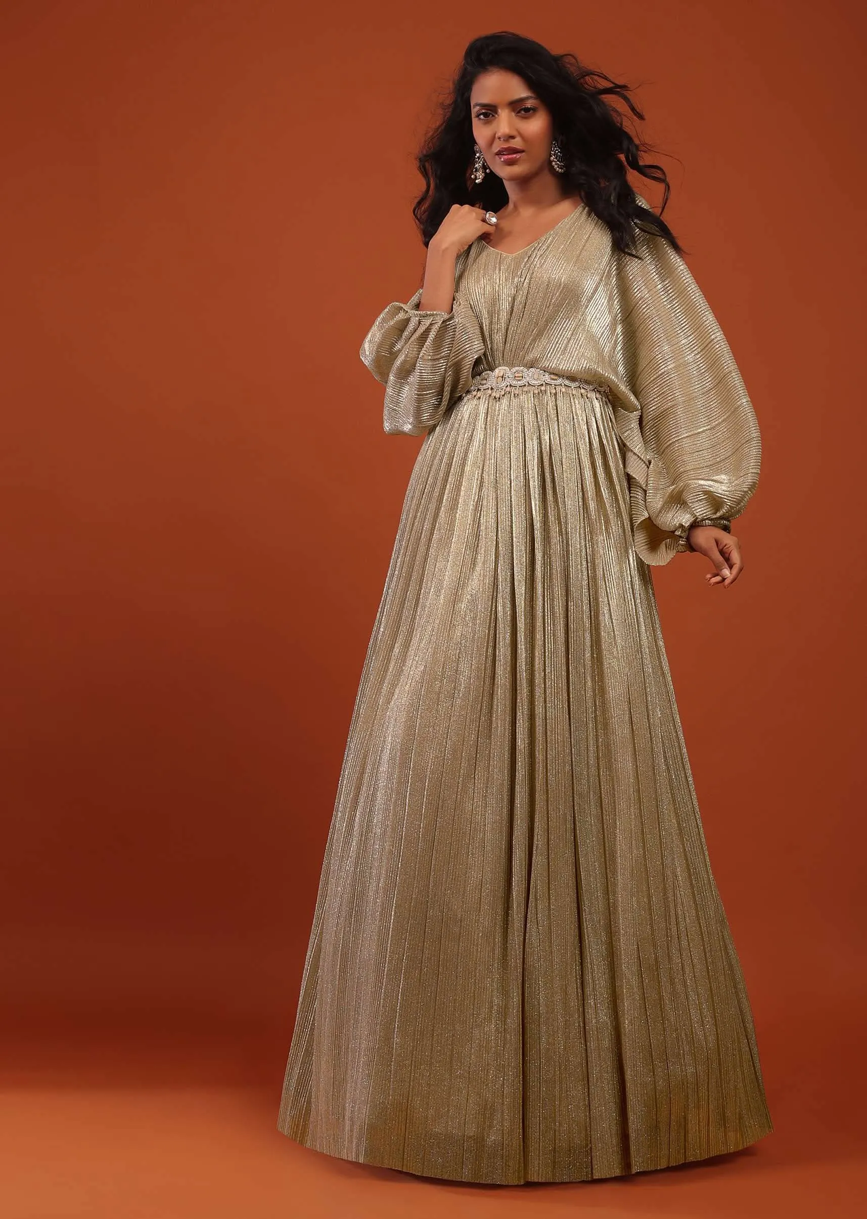 Gold Crushed Kaftan Gown With An Embellished Waistbelt