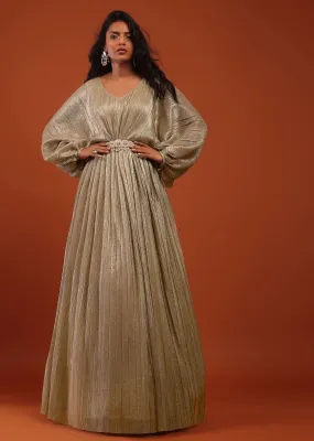 Gold Crushed Kaftan Gown With An Embellished Waistbelt