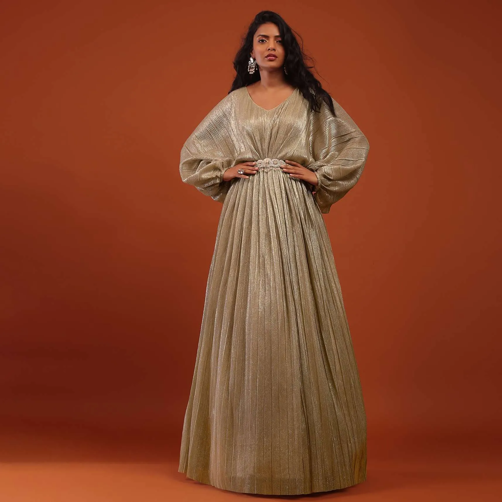 Gold Crushed Kaftan Gown With An Embellished Waistbelt