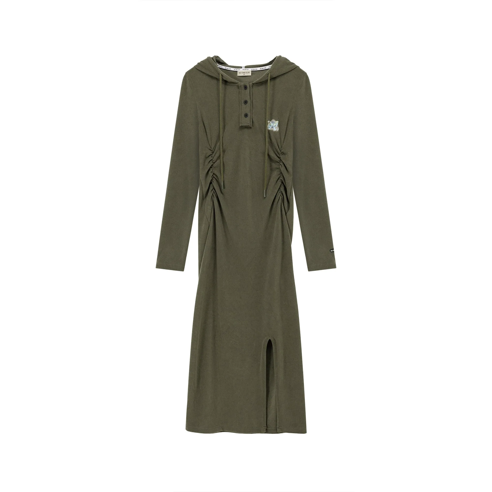 Hooded Shirring Slit Long Dress