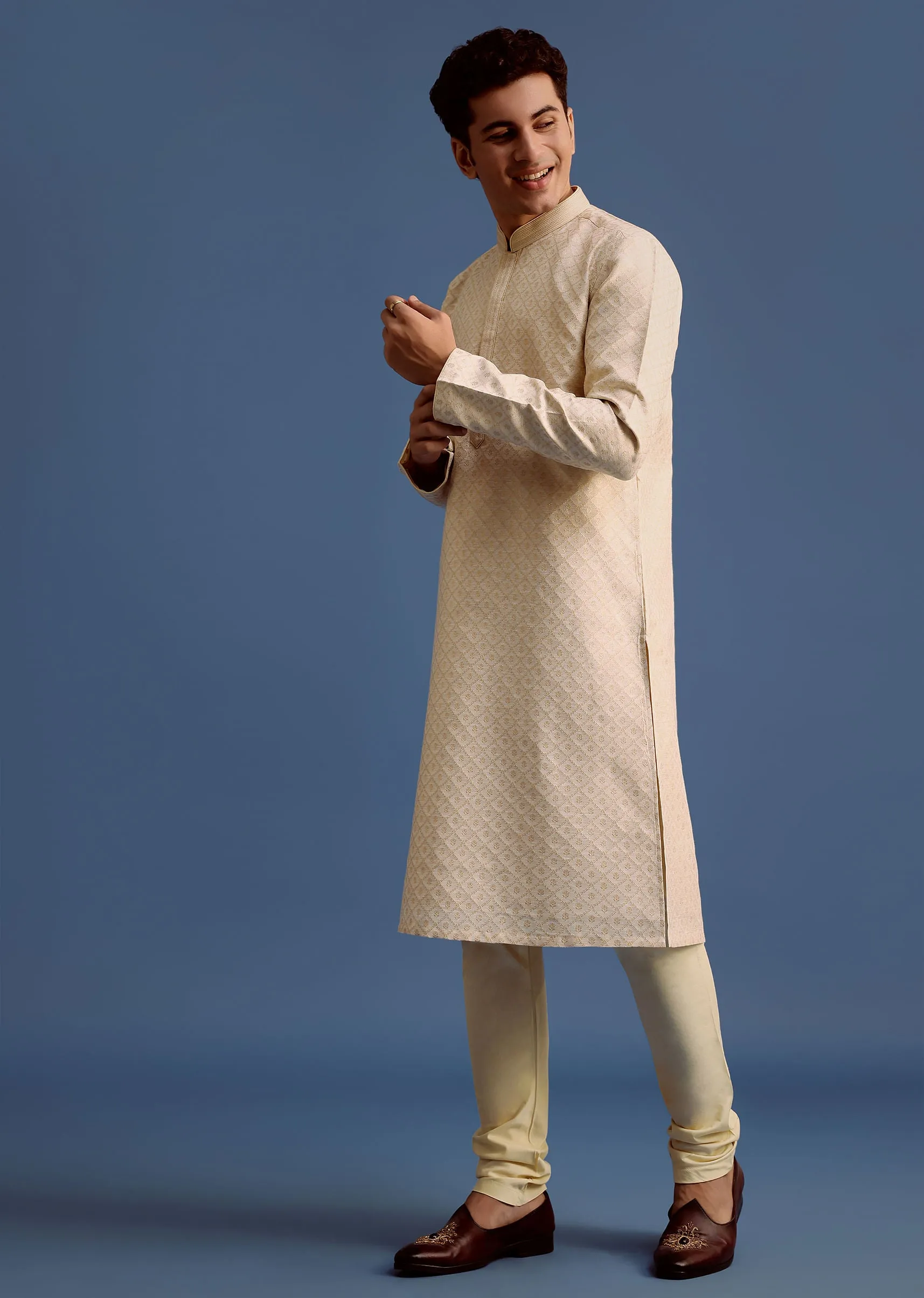 Ivory Printed Kurta Pyjama Set For Men