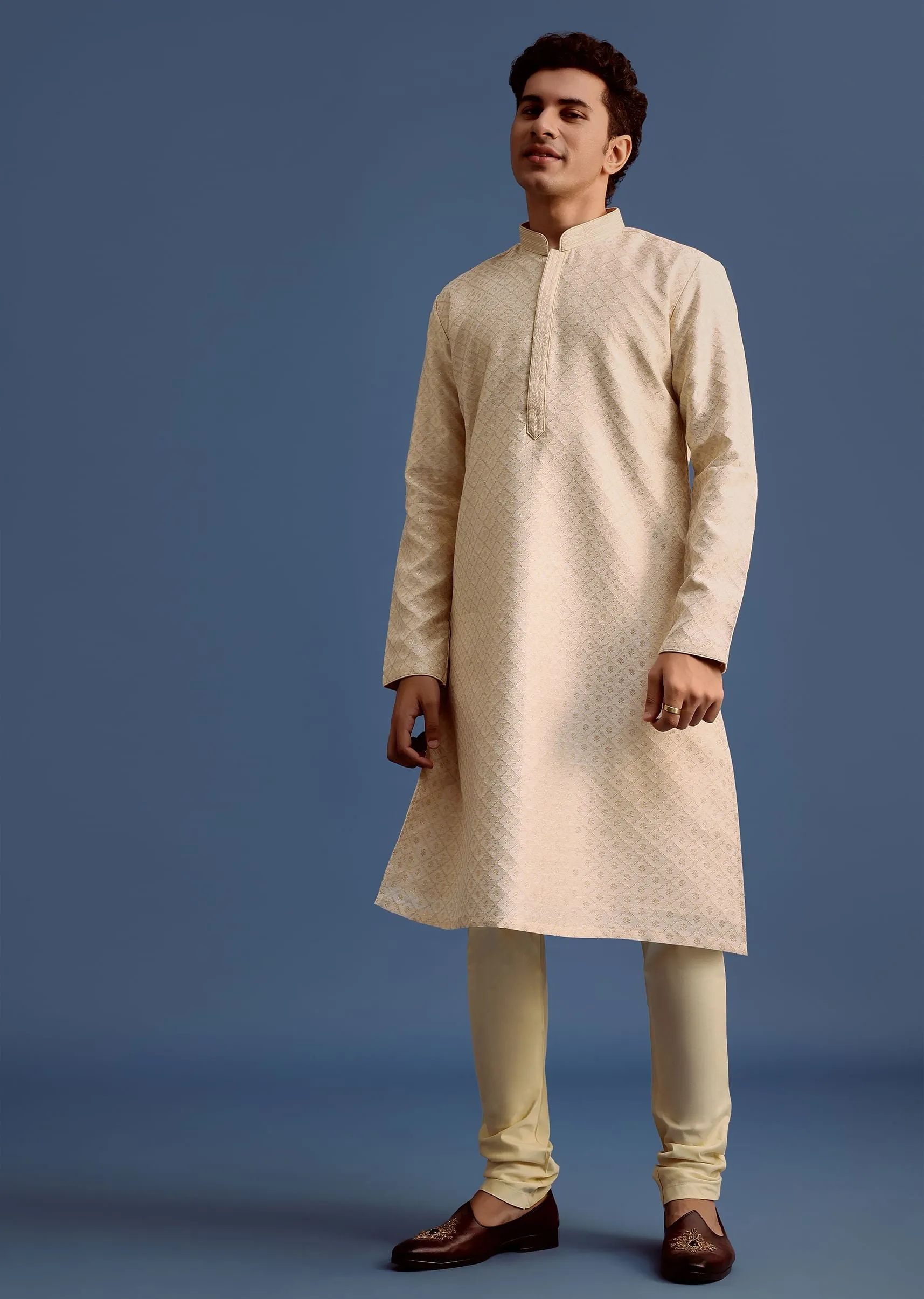Ivory Printed Kurta Pyjama Set For Men