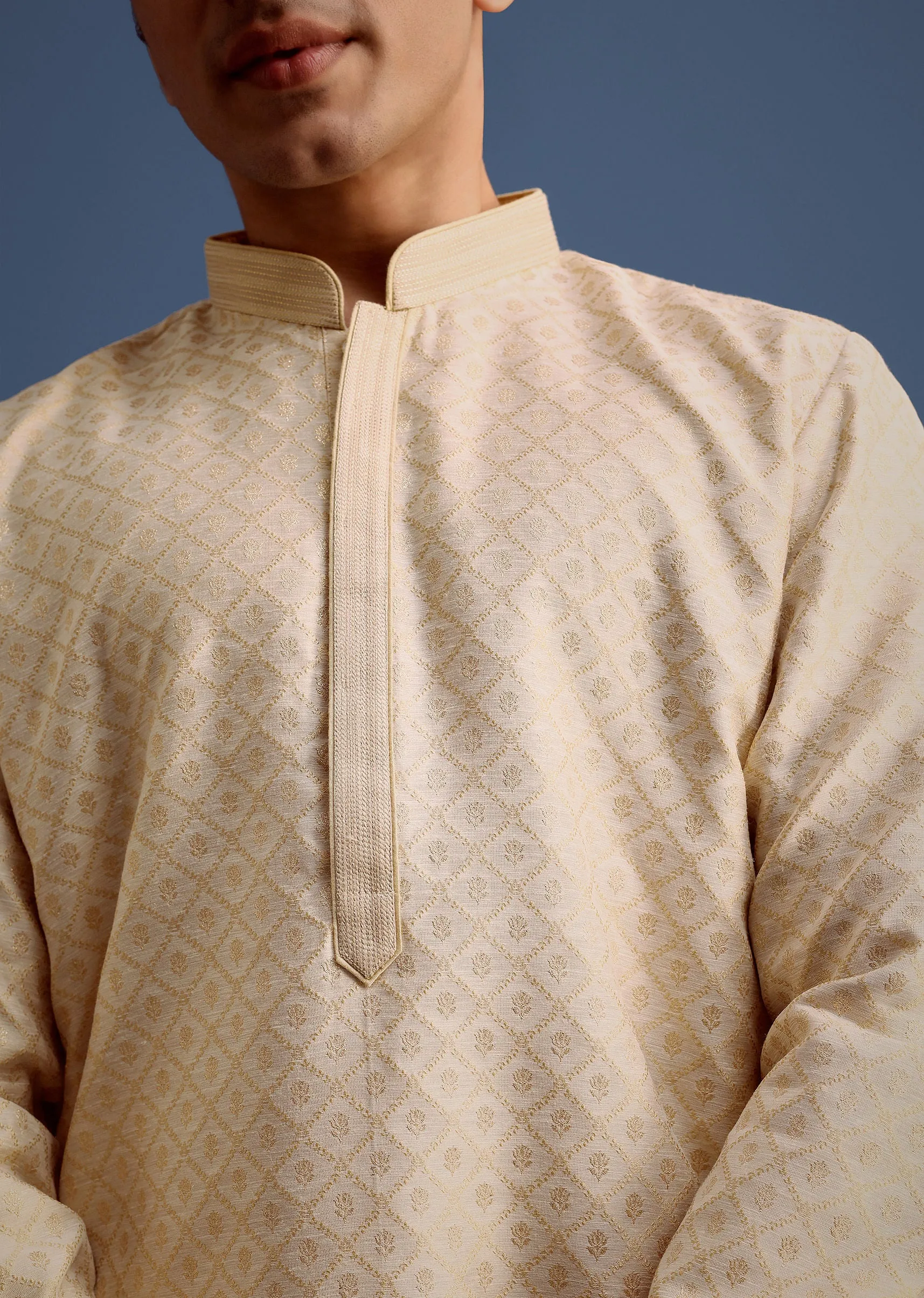 Ivory Printed Kurta Pyjama Set For Men