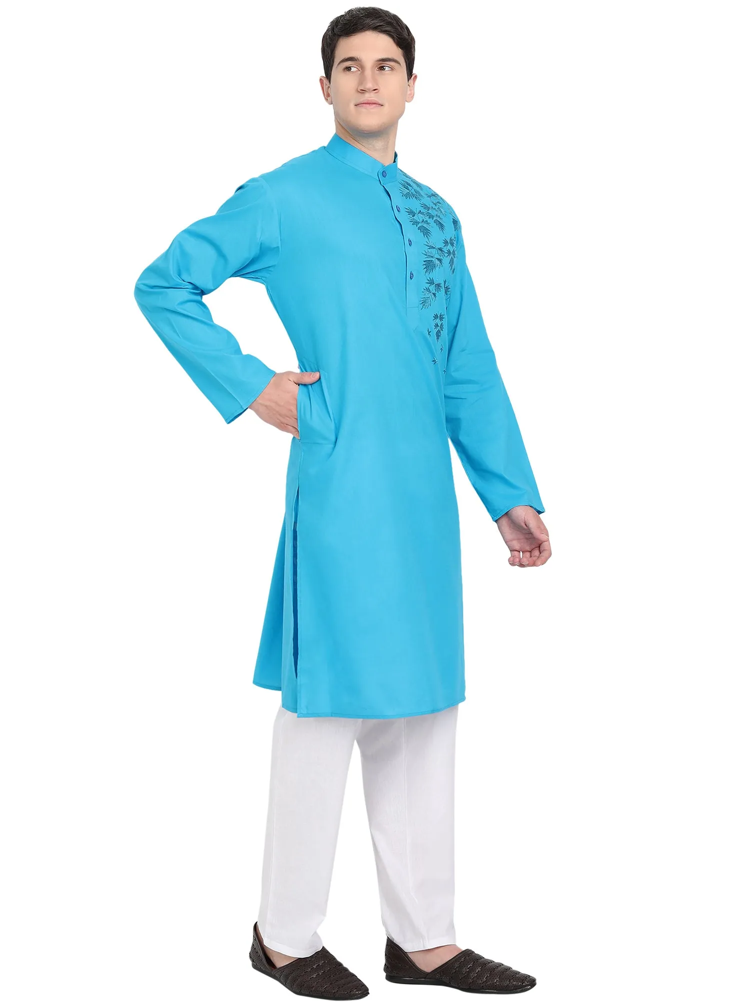 Kurta Pajama Set For Men Embroide Cotton Wedding Party Dress Turquoise