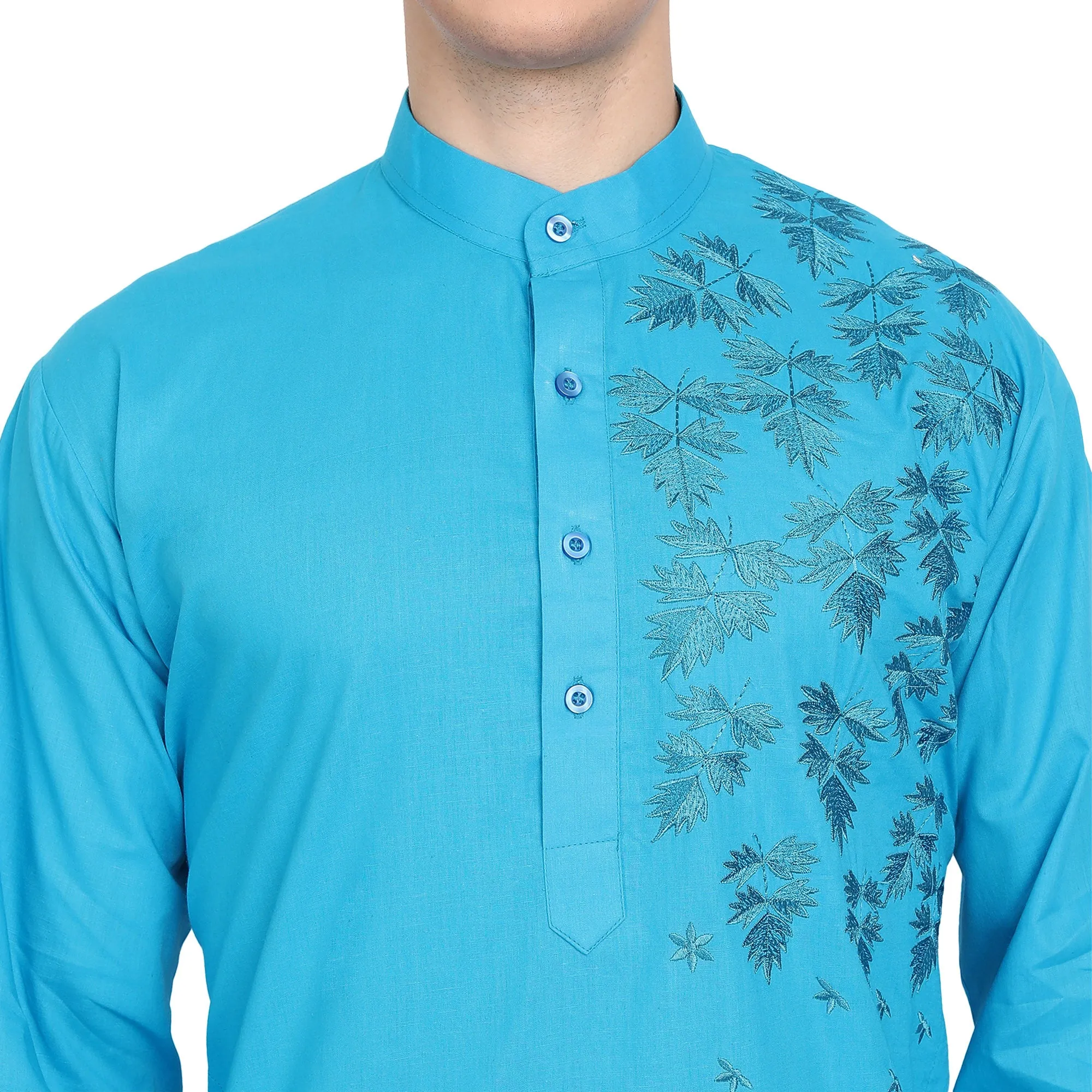 Kurta Pajama Set For Men Embroide Cotton Wedding Party Dress Turquoise
