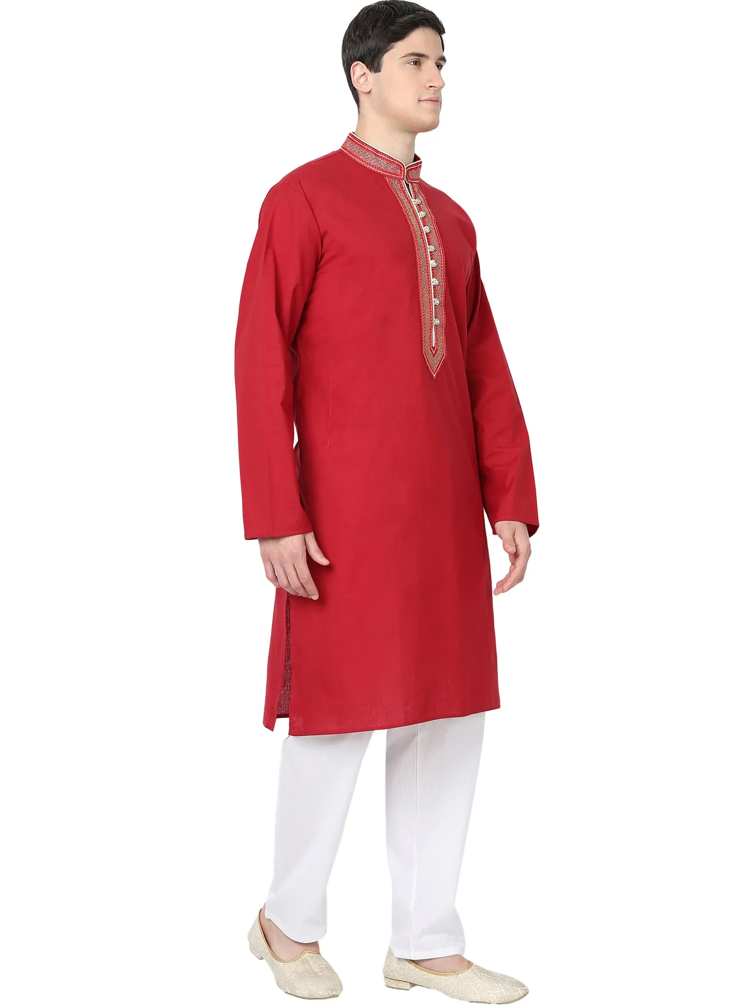 Kurta Pajama Set For Men Long Sleeve Cotton Party Dress Red
