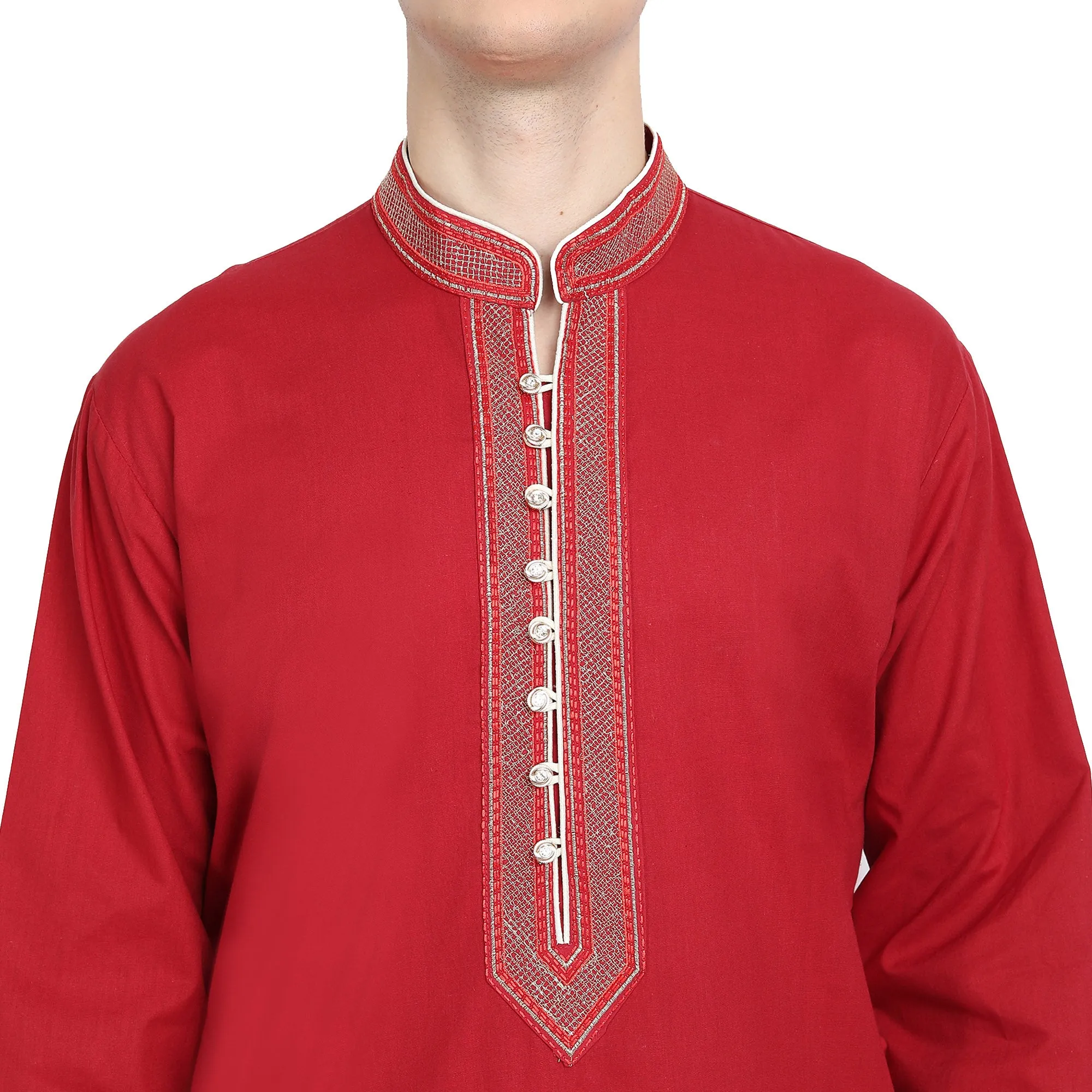 Kurta Pajama Set For Men Long Sleeve Cotton Party Dress Red