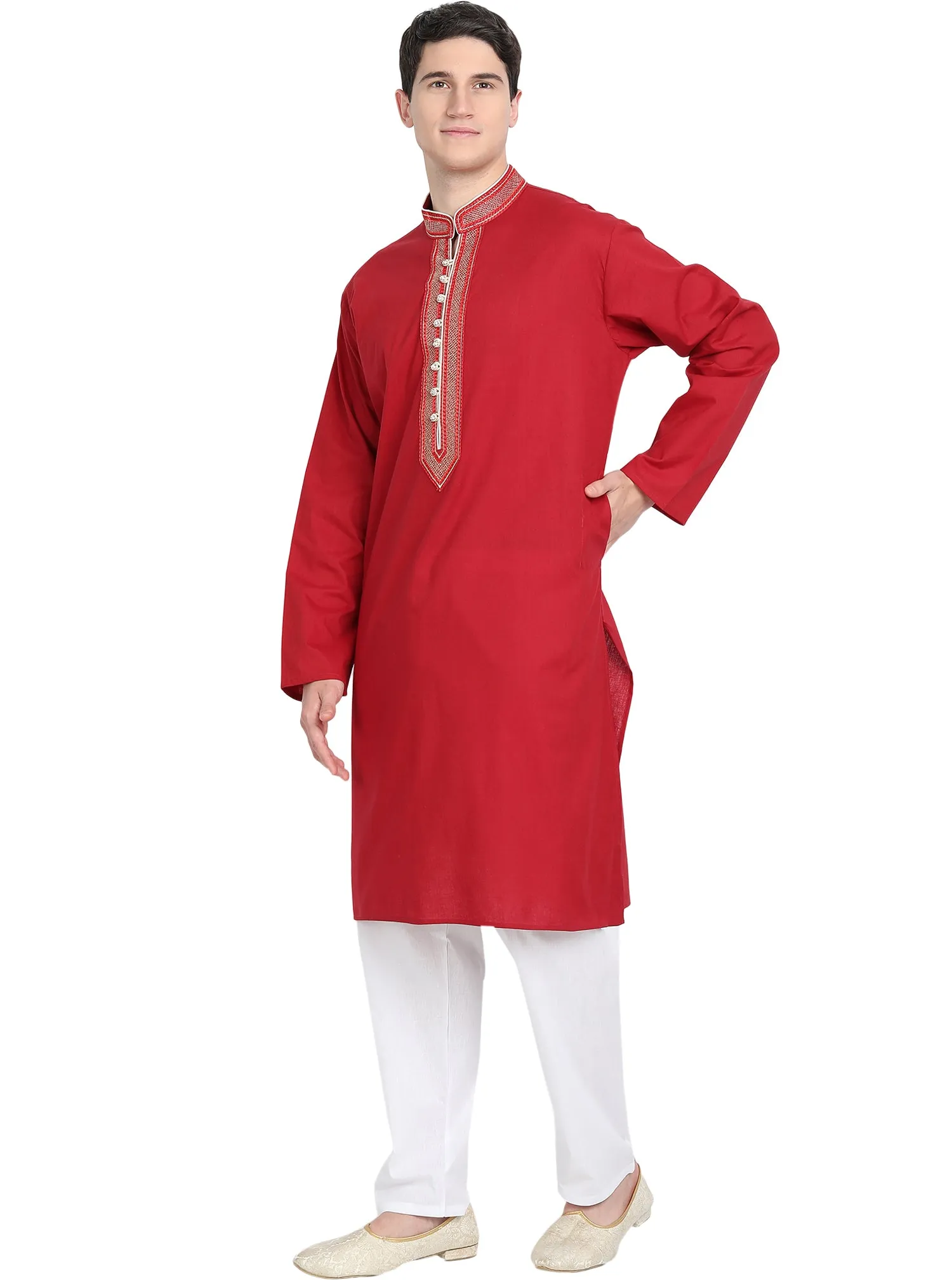 Kurta Pajama Set For Men Long Sleeve Cotton Party Dress Red
