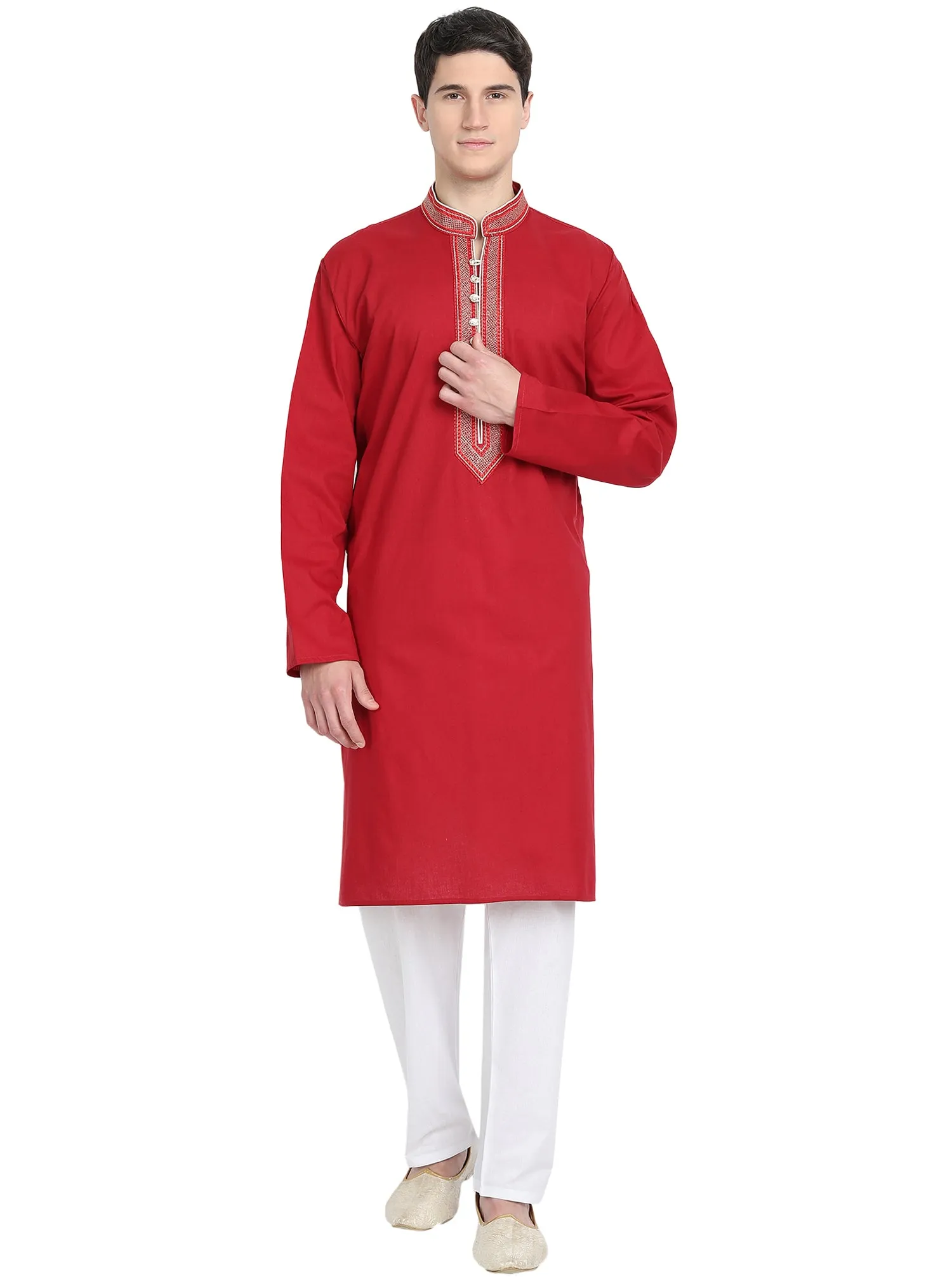 Kurta Pajama Set For Men Long Sleeve Cotton Party Dress Red