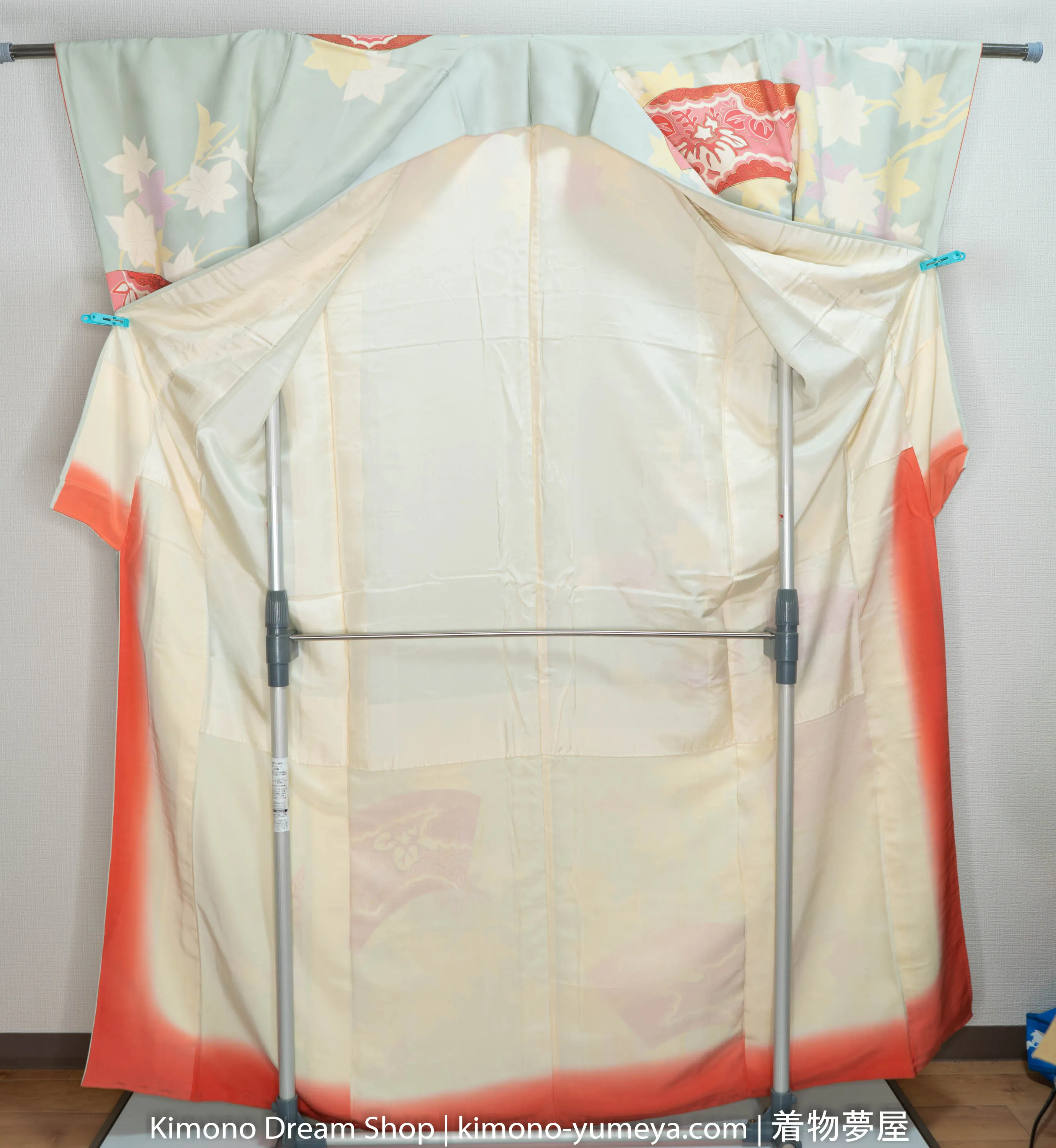 Light Teal Autumn Furisode Autumn & Spring Scenery Leaves Gold Blossoming Sakura Kiku Maple Leaves