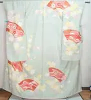 Light Teal Autumn Furisode Autumn & Spring Scenery Leaves Gold Blossoming Sakura Kiku Maple Leaves
