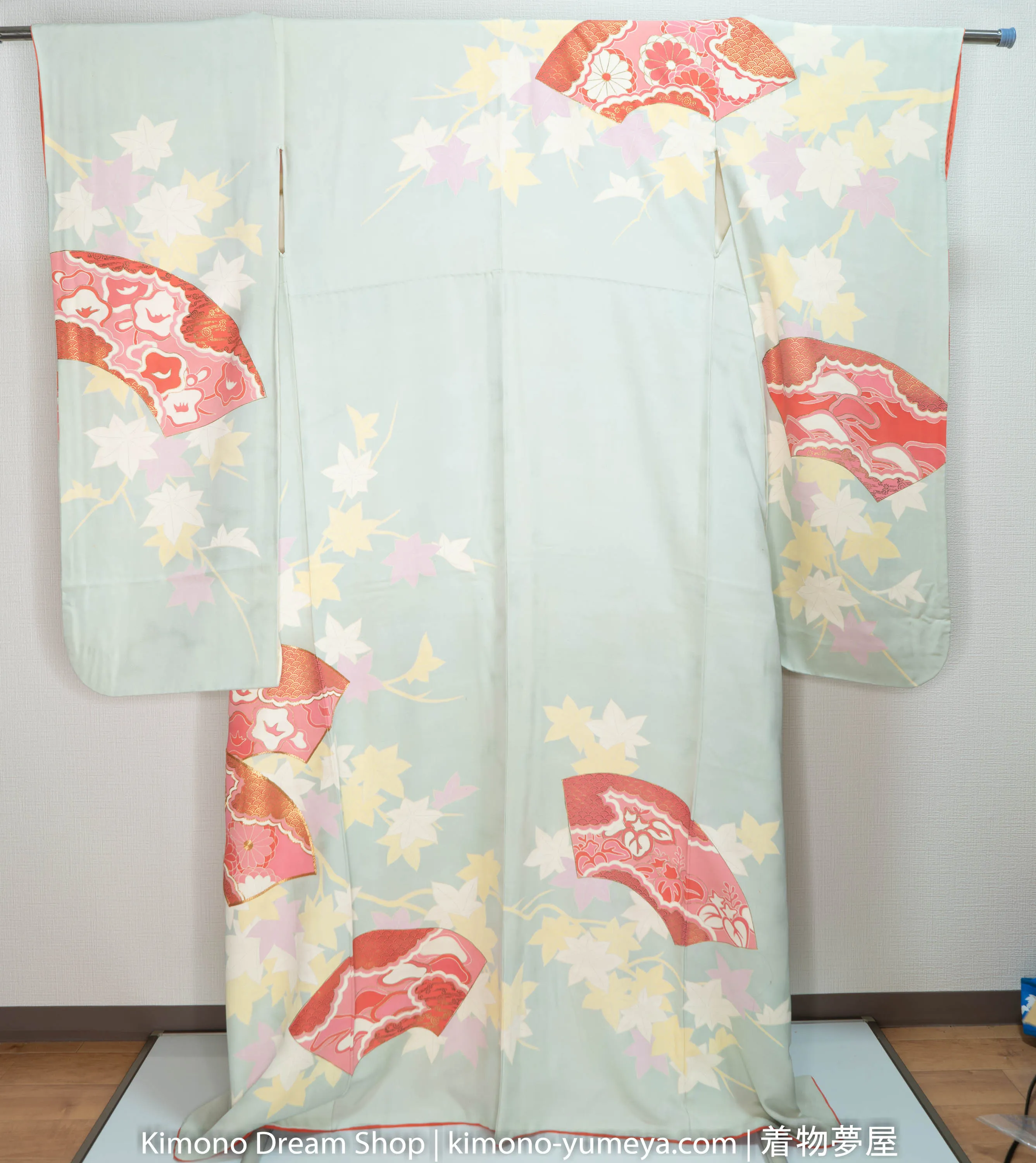 Light Teal Autumn Furisode Autumn & Spring Scenery Leaves Gold Blossoming Sakura Kiku Maple Leaves