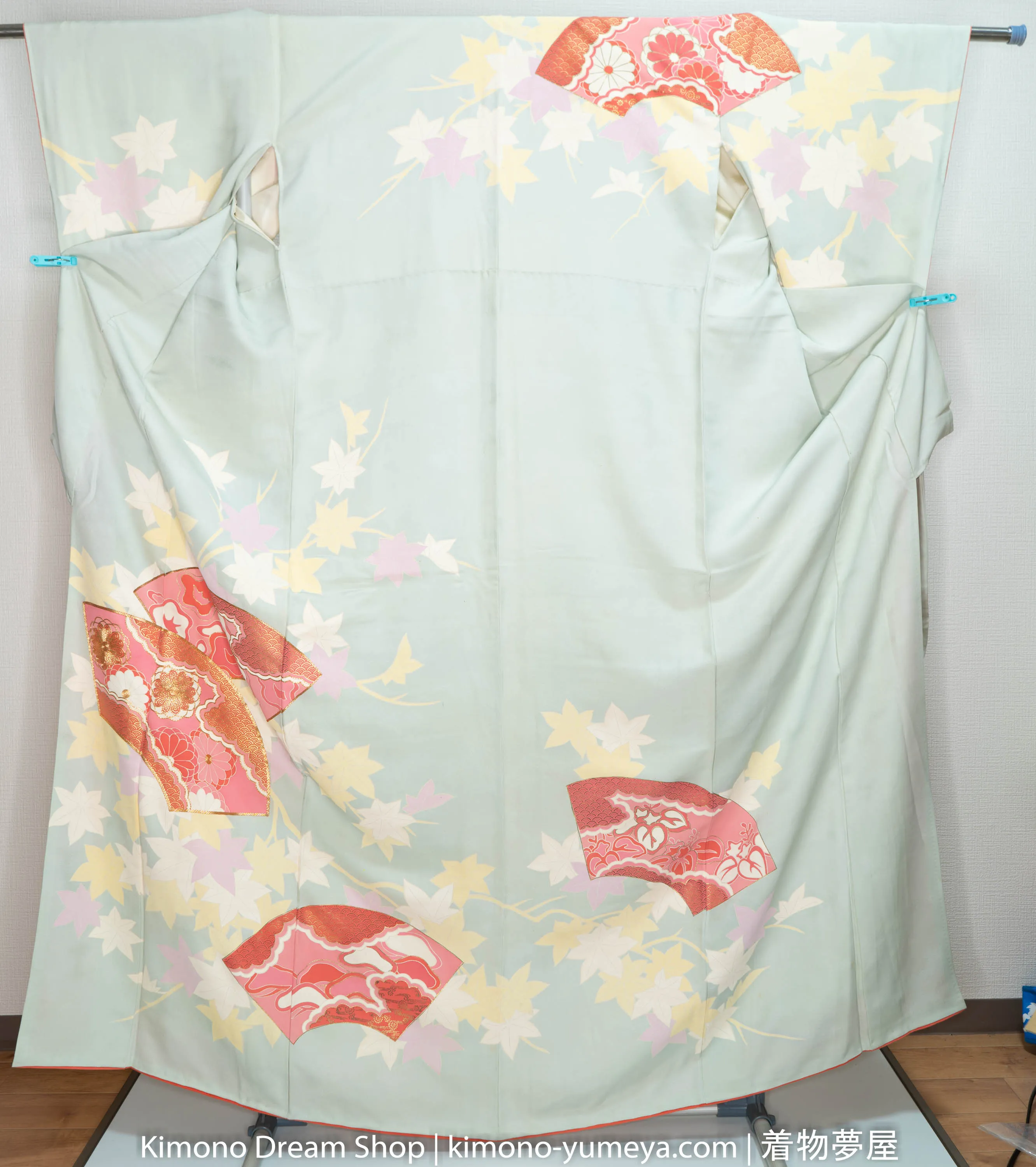 Light Teal Autumn Furisode Autumn & Spring Scenery Leaves Gold Blossoming Sakura Kiku Maple Leaves