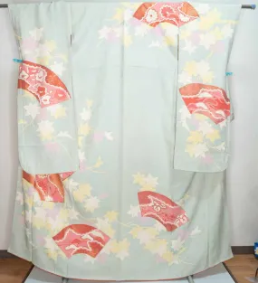 Light Teal Autumn Furisode Autumn & Spring Scenery Leaves Gold Blossoming Sakura Kiku Maple Leaves