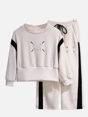 Little Surprise Box, Self Patterned Black Patch Casual Stripes 2Pcs Track Suit Set For Kids & Tweens