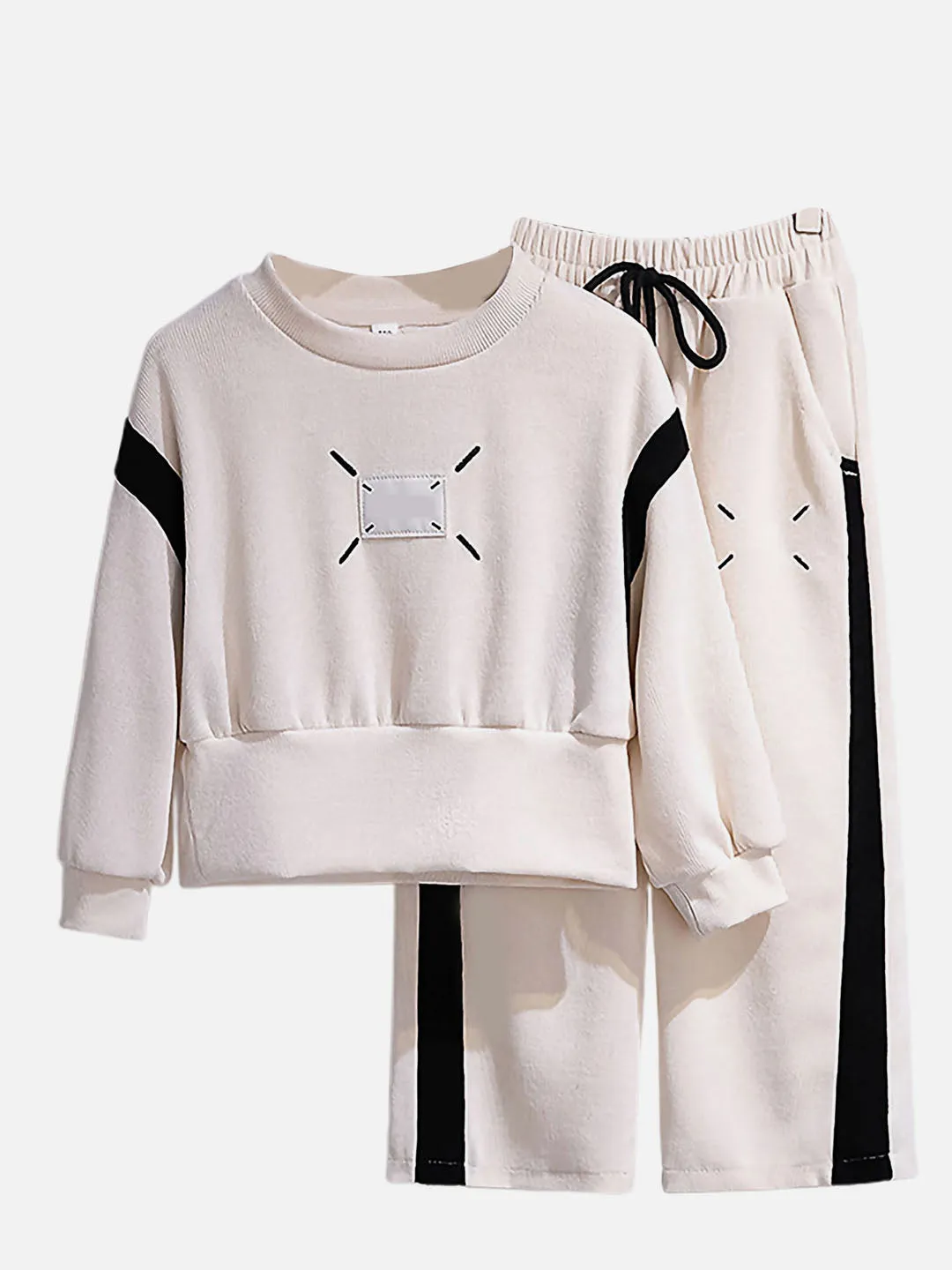 Little Surprise Box, Self Patterned Black Patch Casual Stripes 2Pcs Track Suit Set For Kids & Tweens