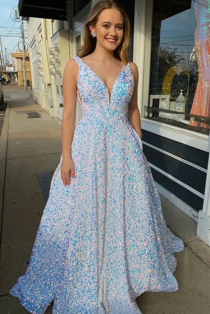 Long Evening Gowns Elegant A Line V Neck A Line Sequin Prom Dresses