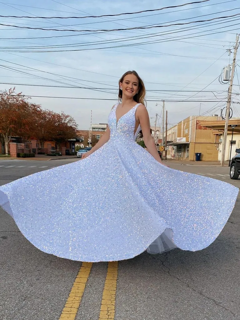 Long Evening Gowns Elegant A Line V Neck A Line Sequin Prom Dresses