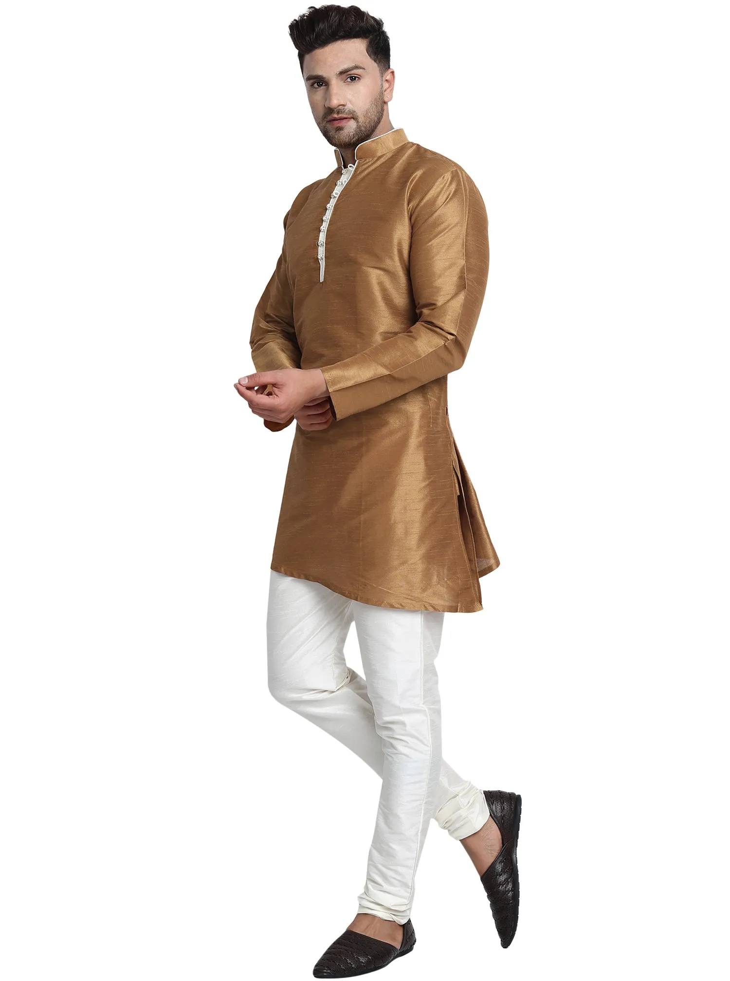 Men Art Silk Cross Cut Ethnic Kurta Pajama Set Traditional Indian Clothing Brown