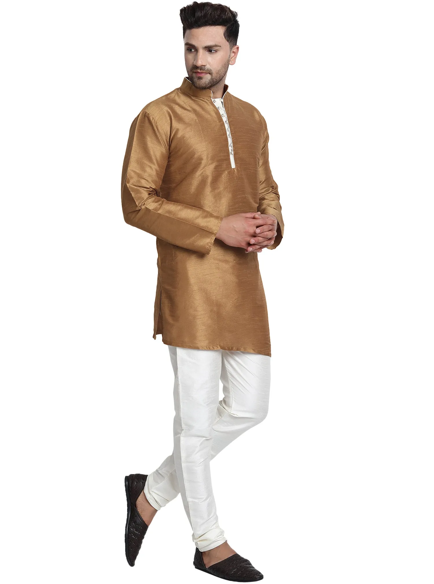 Men Art Silk Cross Cut Ethnic Kurta Pajama Set Traditional Indian Clothing Brown