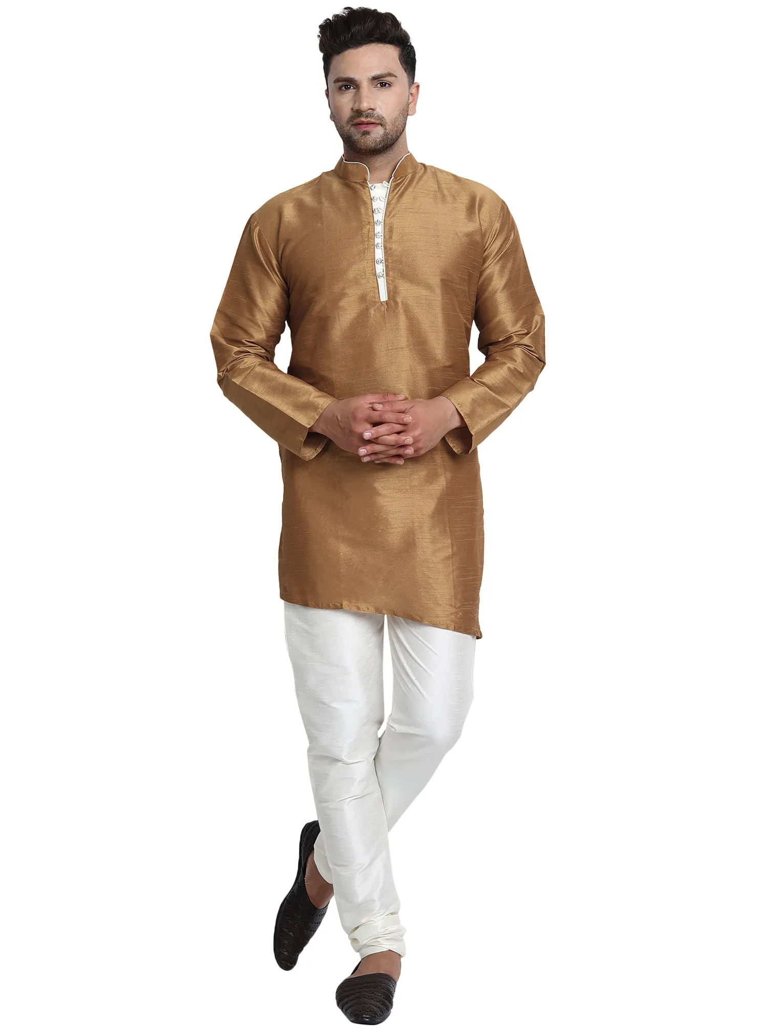 Men Art Silk Cross Cut Ethnic Kurta Pajama Set Traditional Indian Clothing Brown