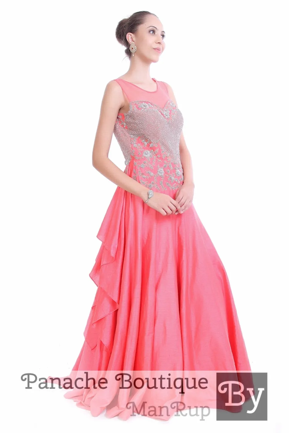 Pink Colour Layered Gown with Zardozi Embroidery