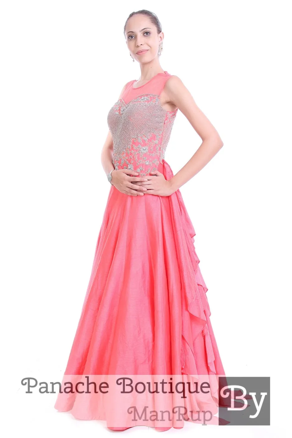 Pink Colour Layered Gown with Zardozi Embroidery