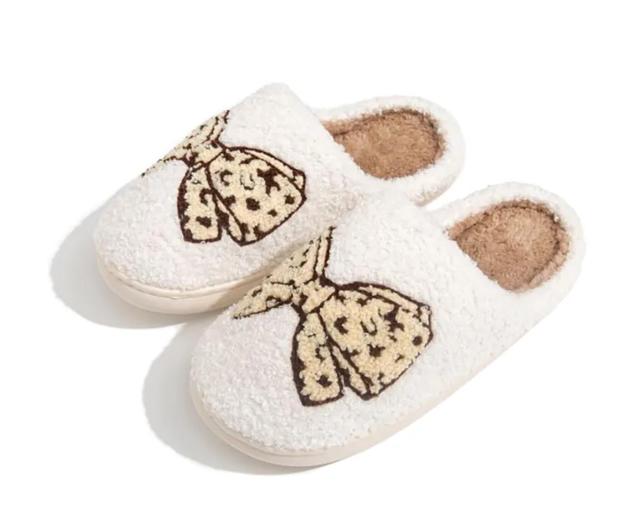 Plush Leopard Print Bow Slide On Slippers