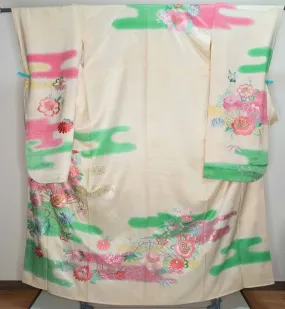 Retro 1980s Cloudy Embroidered Flowers Springtime Silk Furisode Vintage Kimono Green Beige Peonies